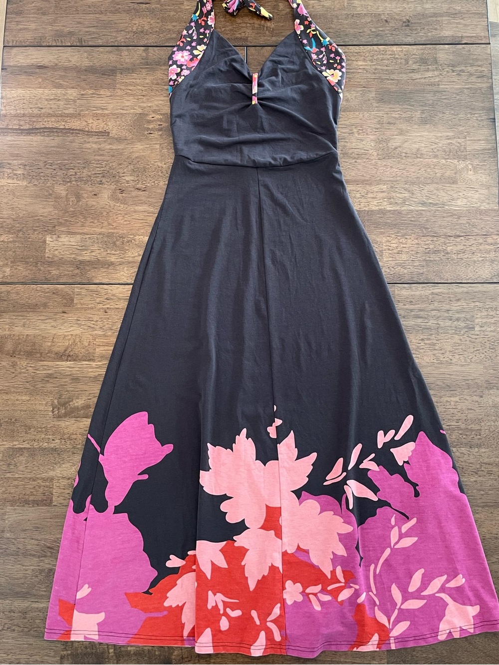 Oilily Black Halter Floral Maxi Dress with Pink & Red Accents size XS - Picture 4 of 10